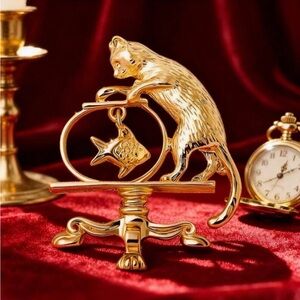 Cat & Fish Brooch Gold kitten pin jewelry goldfish fishbowl Victorian retro bag